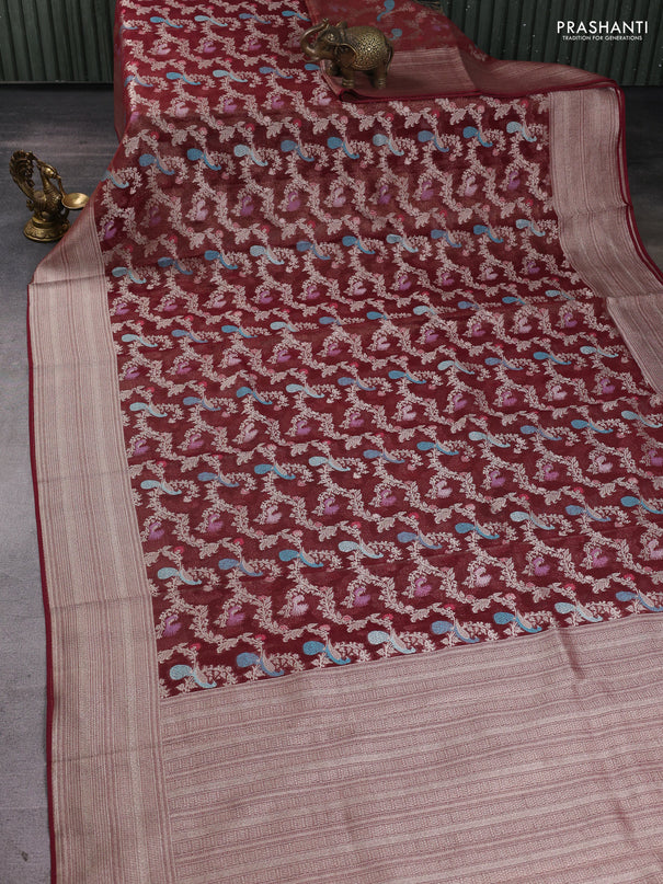 Art chiffon saree maroon with allover thread & zari peacock weaves and zari woven border