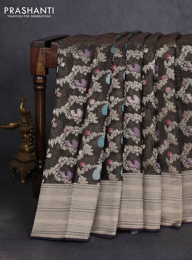 Art chiffon saree black with allover thread & zari peacock weaves and zari woven border