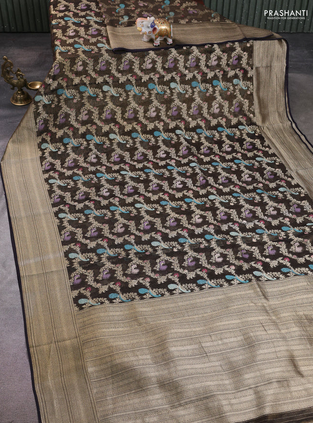 Art chiffon saree black with allover thread & zari peacock weaves and zari woven border