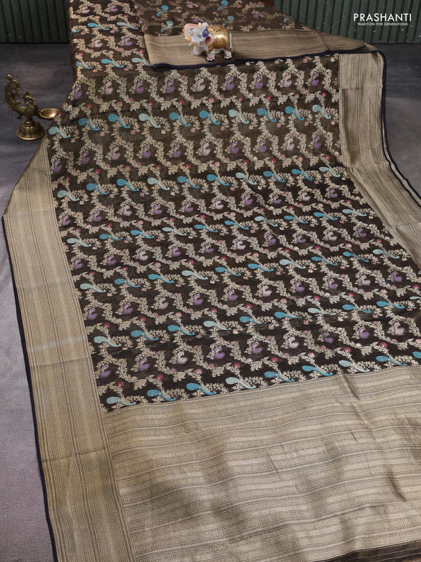Art chiffon saree black with allover thread & zari peacock weaves and zari woven border