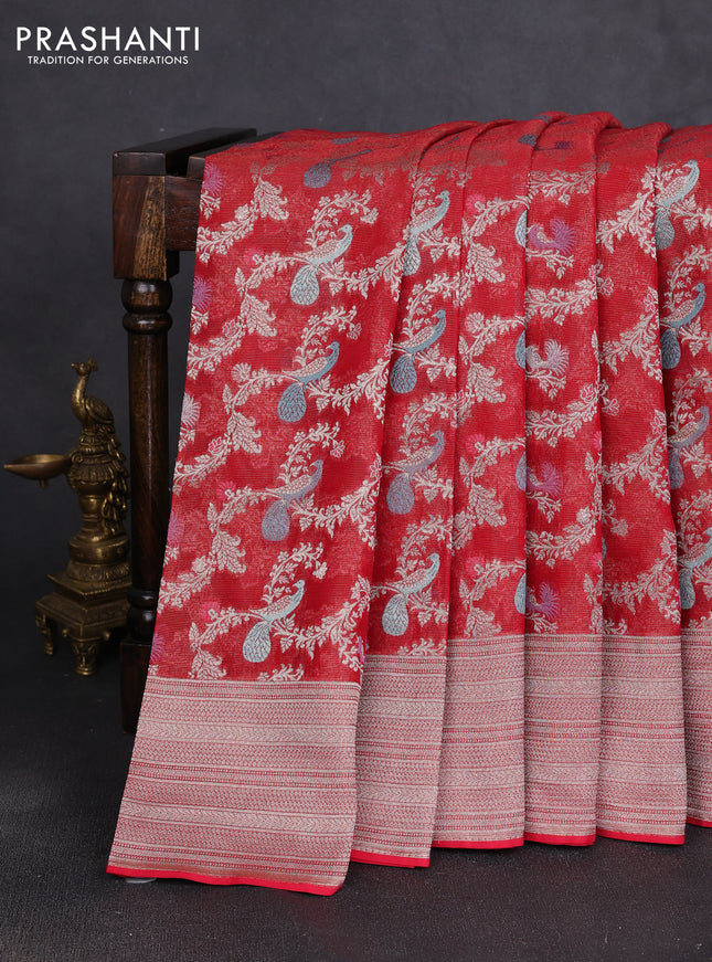 Art chiffon saree red with allover thread & zari peacock weaves and zari woven border