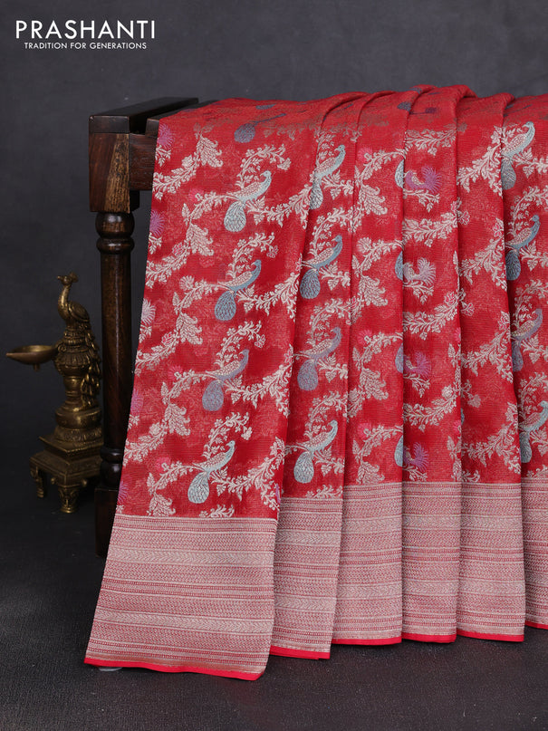 Art chiffon saree red with allover thread & zari peacock weaves and zari woven border