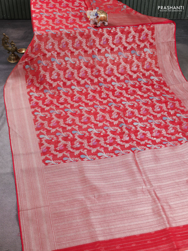 Art chiffon saree red with allover thread & zari peacock weaves and zari woven border