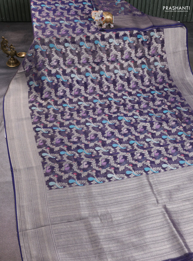 Art chiffon saree navy blue with allover thread & zari peacock weaves and zari woven border