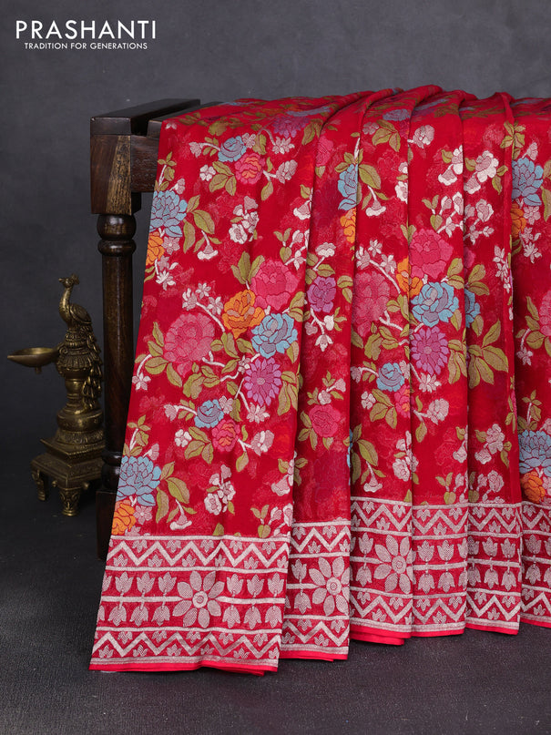 Art chiffon saree red with allover thread & zari floral weaves and zari woven border