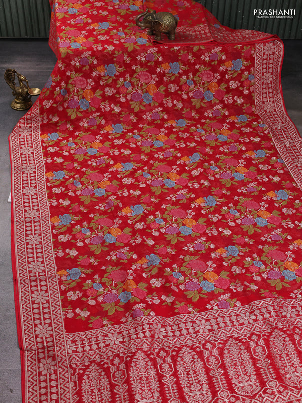 Art chiffon saree red with allover thread & zari floral weaves and zari woven border