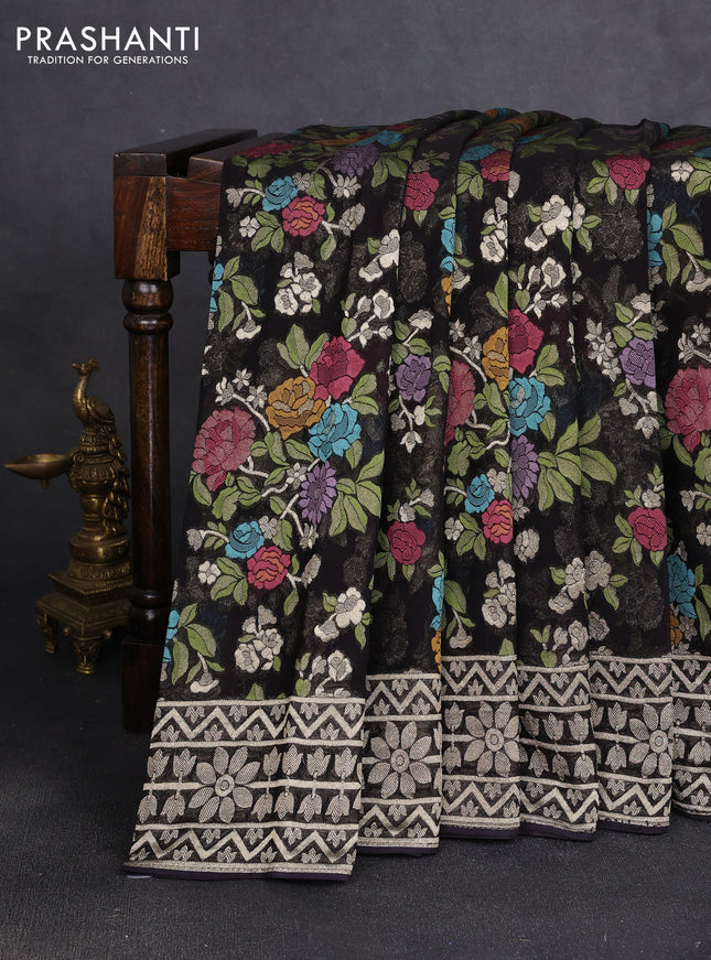 Art chiffon saree black with allover thread & zari floral weaves and zari woven border