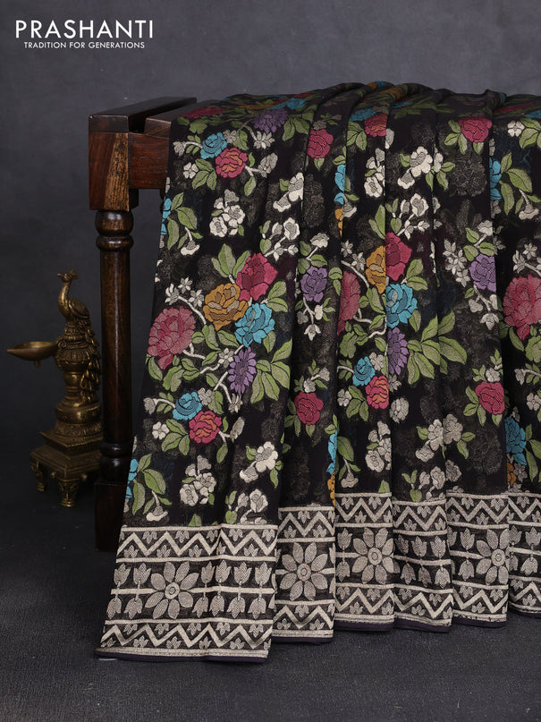 Art chiffon saree black with allover thread & zari floral weaves and zari woven border