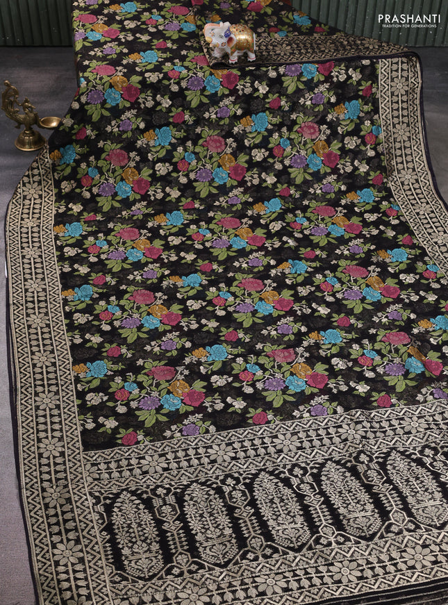 Art chiffon saree black with allover thread & zari floral weaves and zari woven border