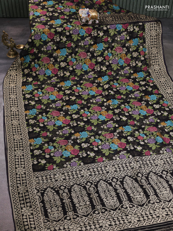 Art chiffon saree black with allover thread & zari floral weaves and zari woven border