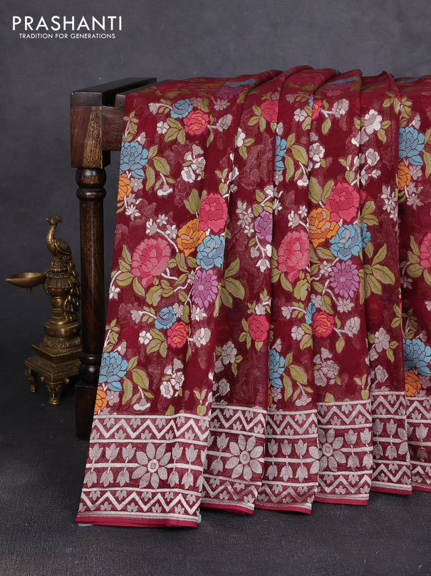 Art chiffon saree deep maroon with allover thread & zari floral weaves and zari woven border