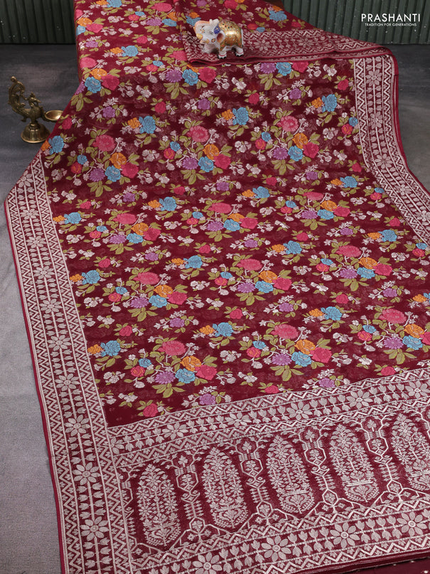 Art chiffon saree deep maroon with allover thread & zari floral weaves and zari woven border