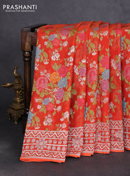 Art chiffon saree orange with allover thread & zari floral weaves and zari woven border