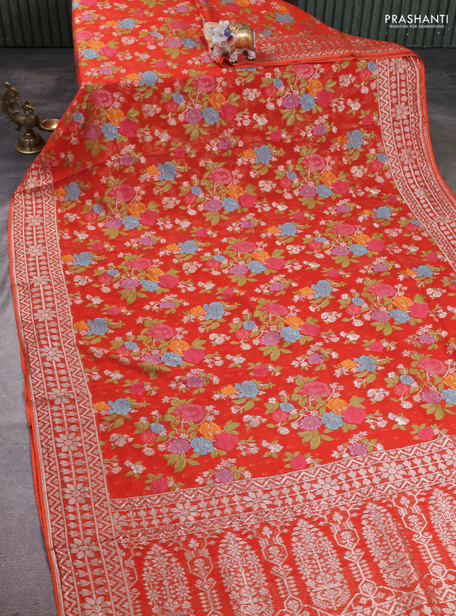 Art chiffon saree orange with allover thread & zari floral weaves and zari woven border