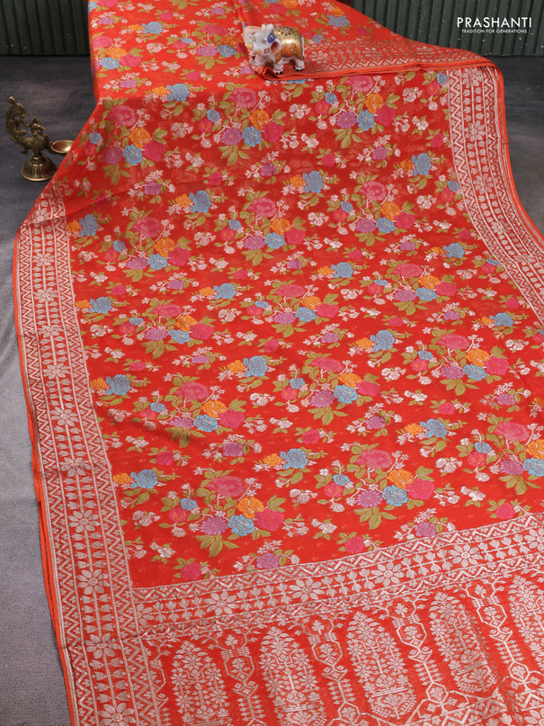 Art chiffon saree orange with allover thread & zari floral weaves and zari woven border