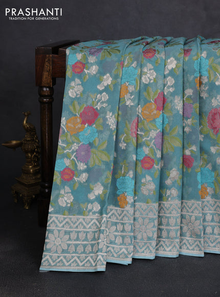 Art chiffon saree pastel blue with allover thread & zari floral weaves and zari woven border