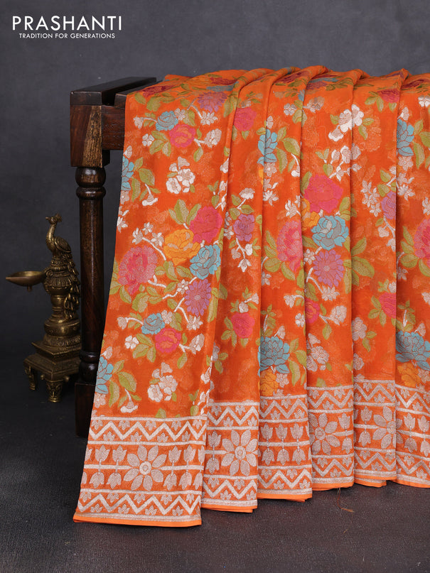Art chiffon saree orange with allover thread & zari floral weaves and zari woven border