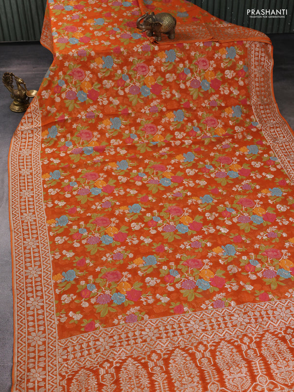 Art chiffon saree orange with allover thread & zari floral weaves and zari woven border