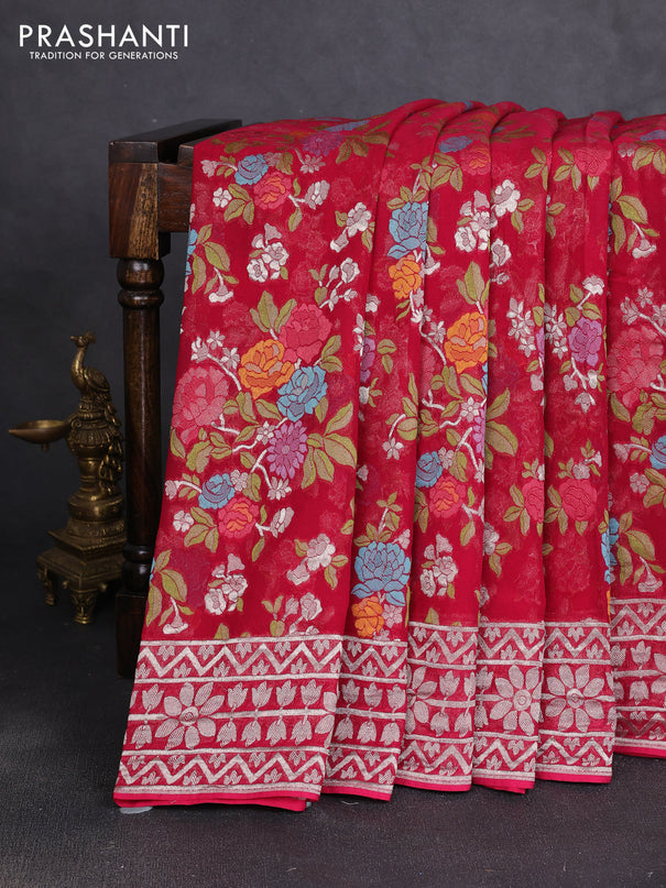 Art chiffon saree dark pink with allover thread & zari floral weaves and zari woven border