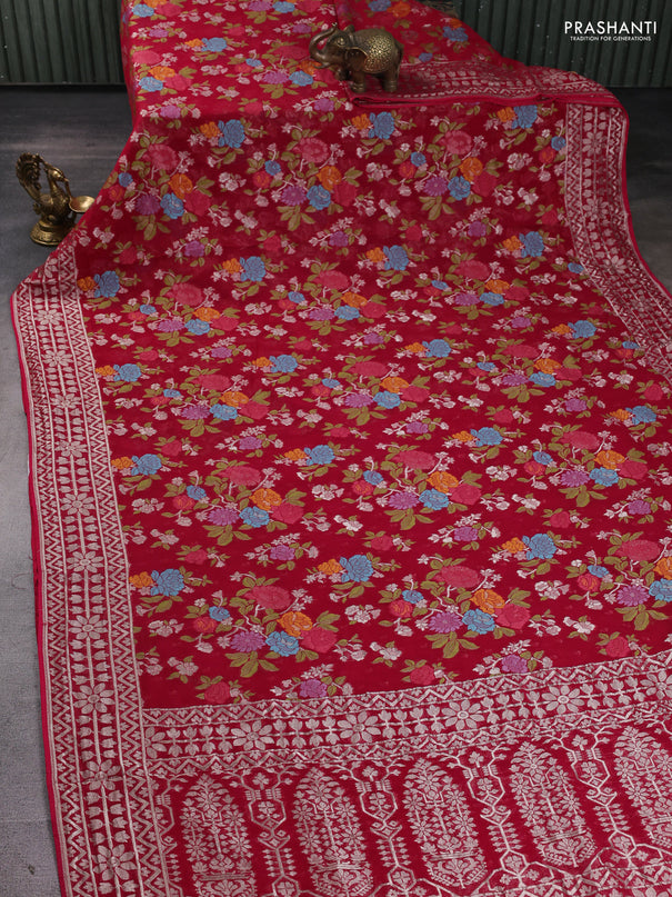 Art chiffon saree dark pink with allover thread & zari floral weaves and zari woven border