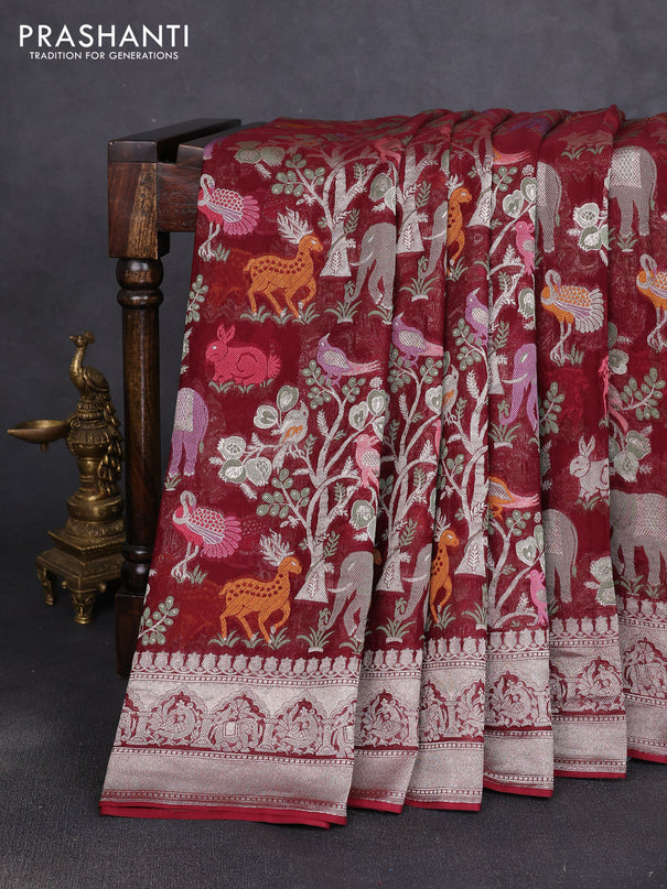 Art chiffon saree deep maroon with allover vanasingaram weaves and zari woven border
