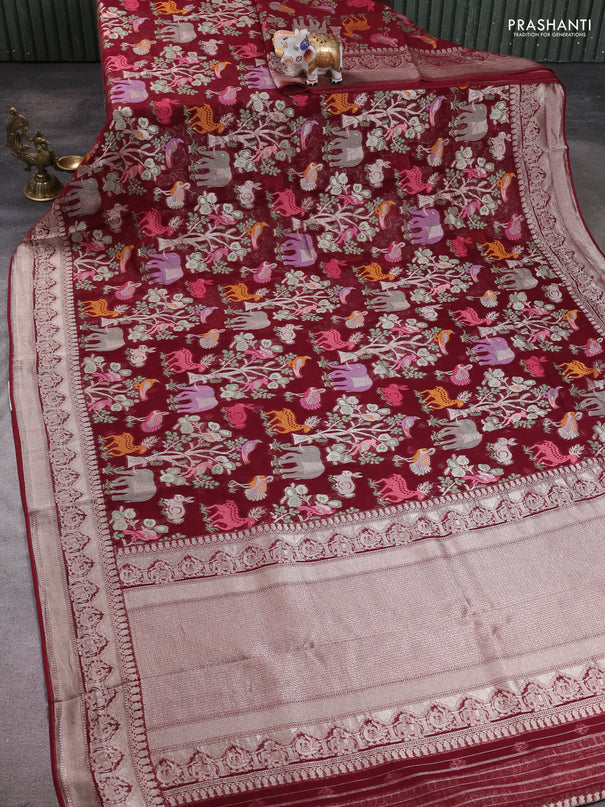 Art chiffon saree deep maroon with allover vanasingaram weaves and zari woven border