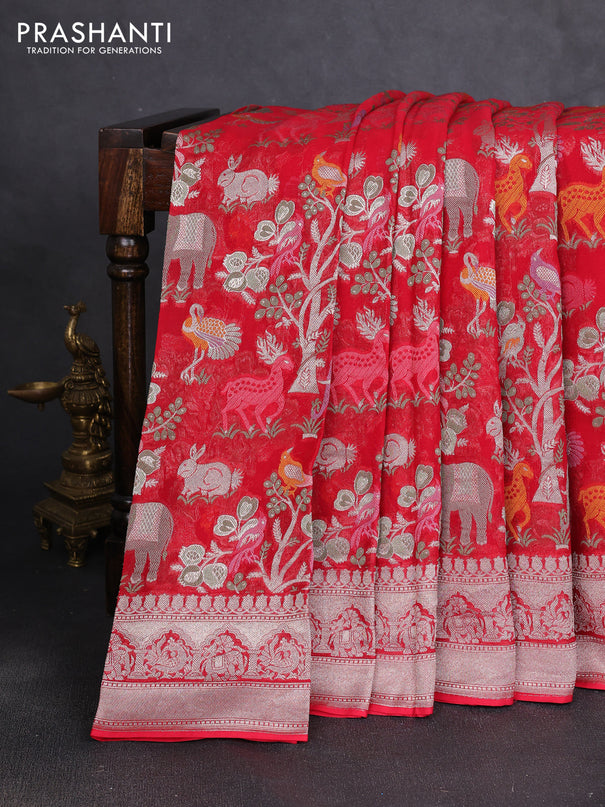 Art chiffon saree red with allover vanasingaram weaves and zari woven border