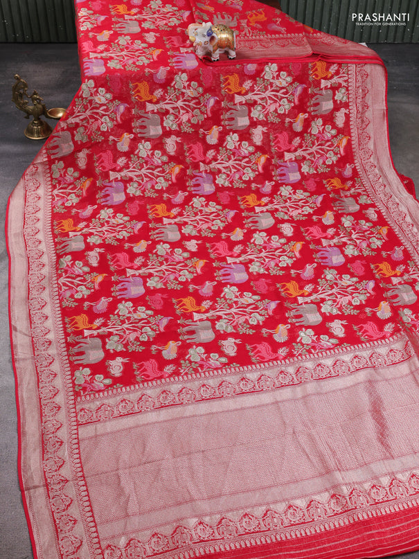 Art chiffon saree red with allover vanasingaram weaves and zari woven border