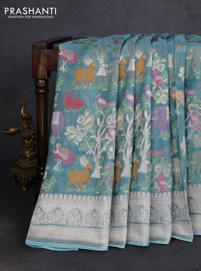 Art chiffon saree pastel blue with allover vanasingaram weaves and zari woven border