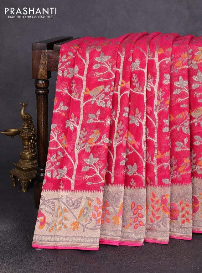 Art chiffon saree pink with allover birds weaves and zari woven border