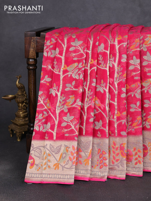 Art chiffon saree pink with allover birds weaves and zari woven border