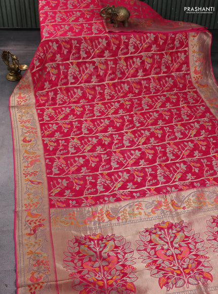 Art chiffon saree pink with allover birds weaves and zari woven border