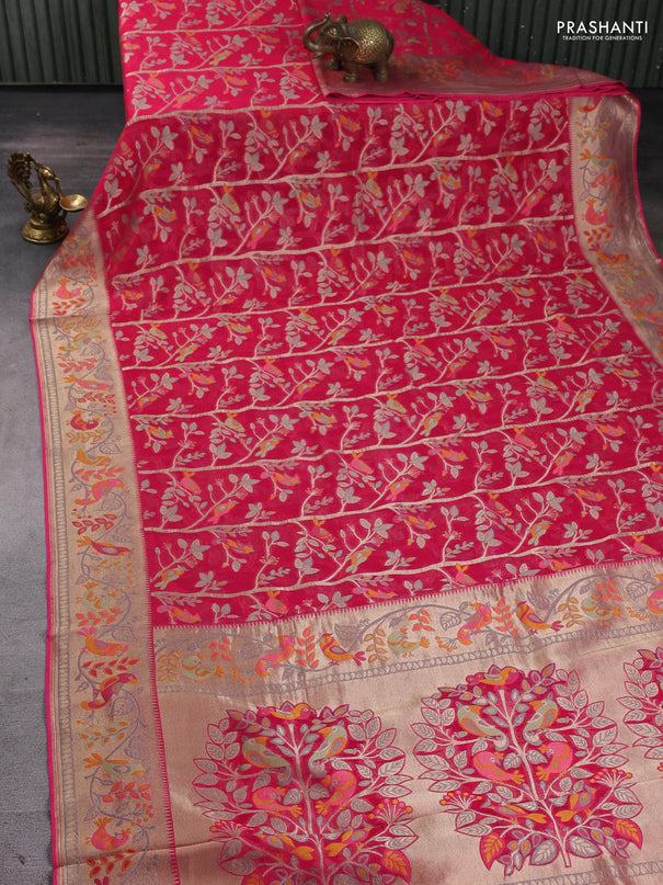 Art chiffon saree pink with allover birds weaves and zari woven border
