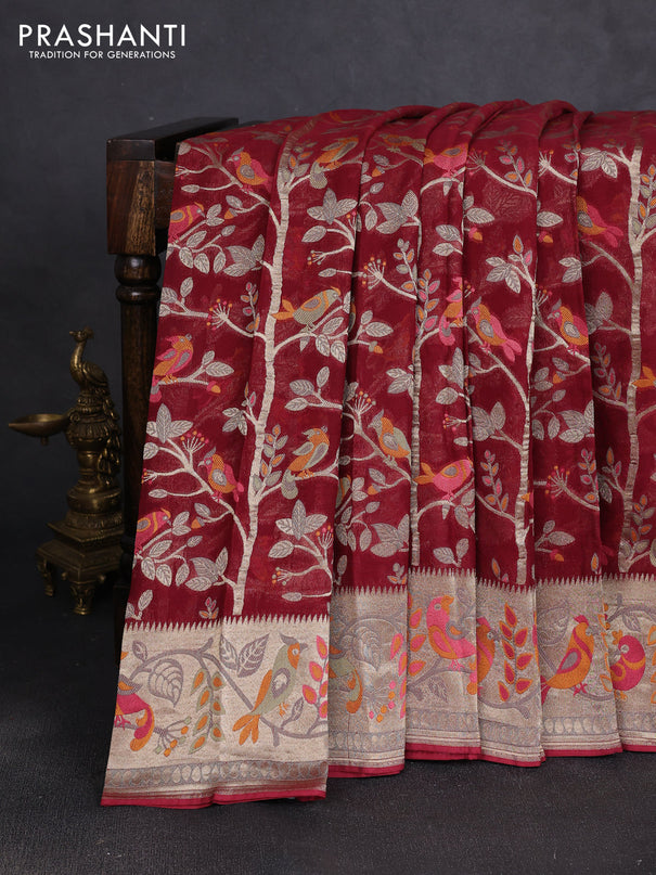 Art chiffon saree deep maroon with allover birds weaves and zari woven border