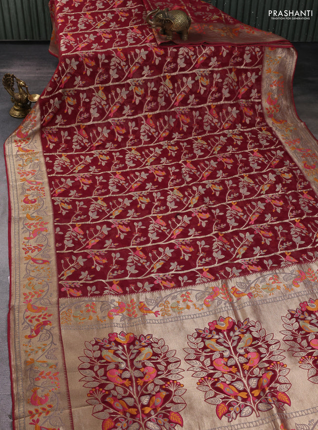 Art chiffon saree deep maroon with allover birds weaves and zari woven border