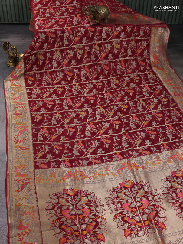 Art chiffon saree deep maroon with allover birds weaves and zari woven border