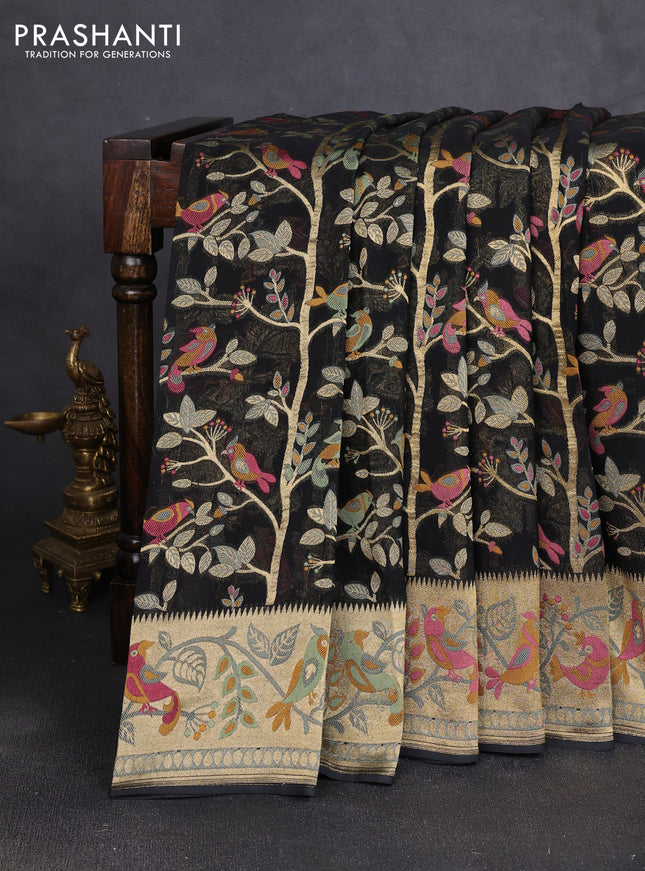 Art chiffon saree black with allover birds weaves and zari woven border