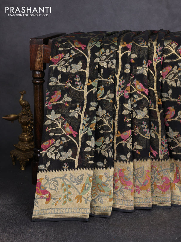 Art chiffon saree black with allover birds weaves and zari woven border