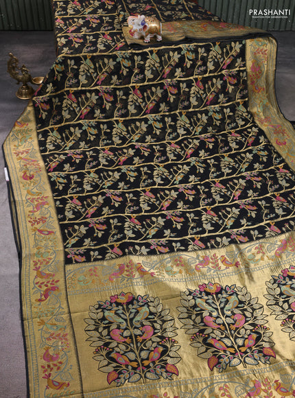 Art chiffon saree black with allover birds weaves and zari woven border