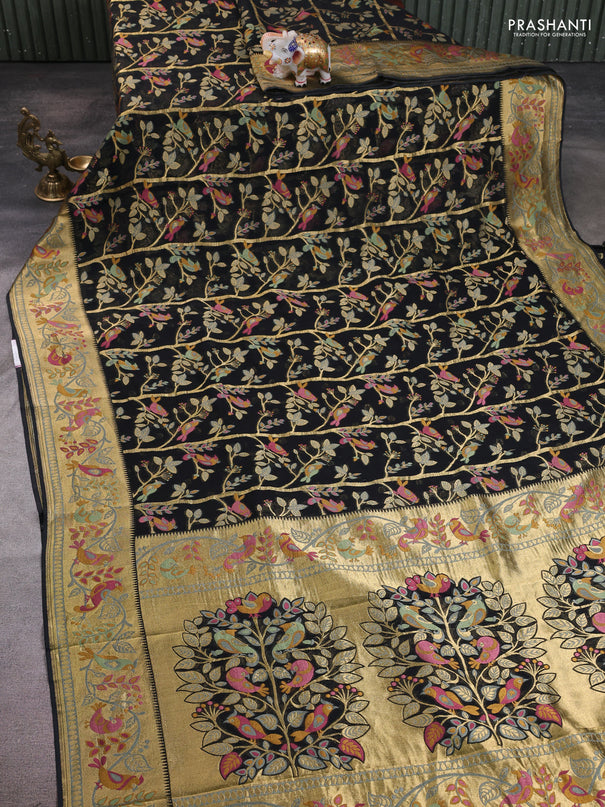 Art chiffon saree black with allover birds weaves and zari woven border