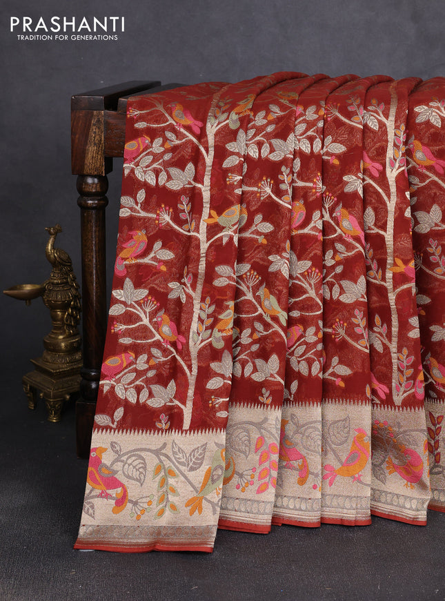 Art chiffon saree brown with allover birds weaves and zari woven border