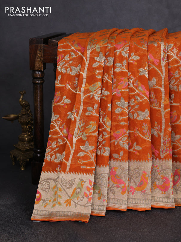 Art chiffon saree orange with allover birds weaves and zari woven border