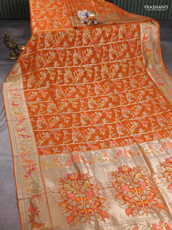Art chiffon saree orange with allover birds weaves and zari woven border