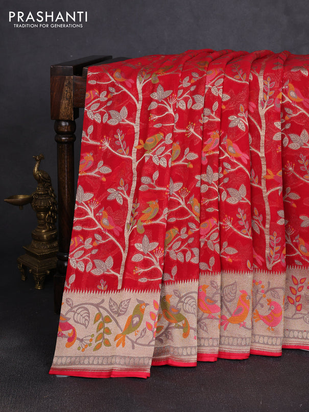 Art chiffon saree red with allover birds weaves and zari woven border