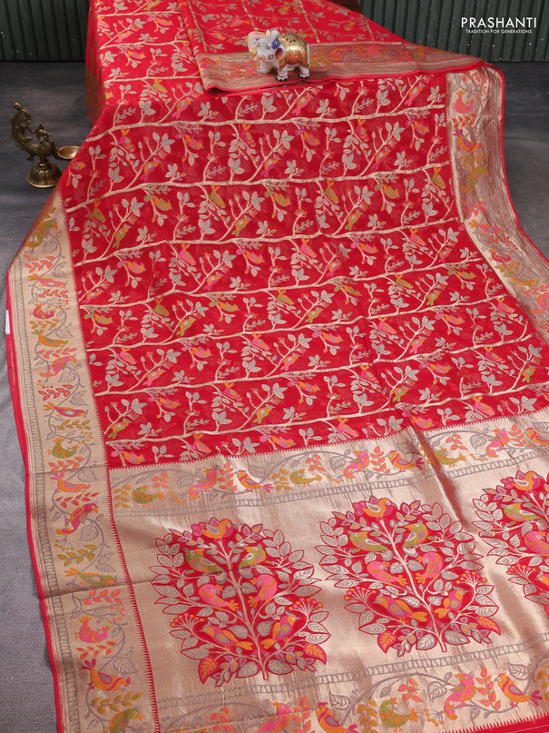 Art chiffon saree red with allover birds weaves and zari woven border