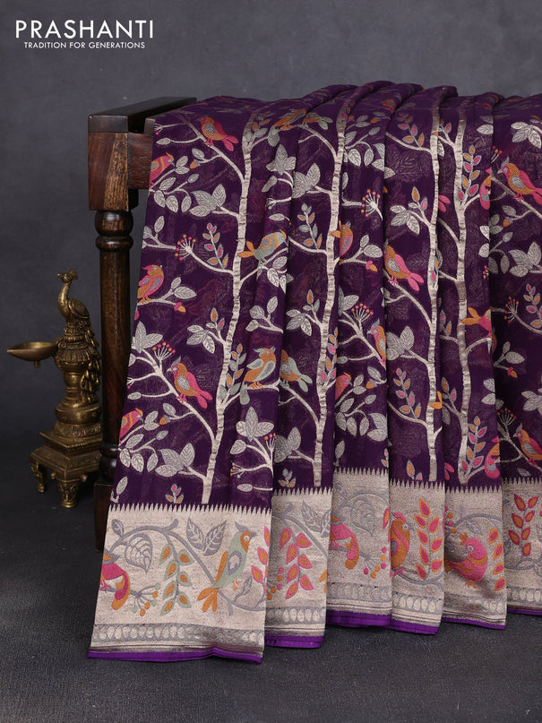 Art chiffon saree violet with allover birds weaves and zari woven border