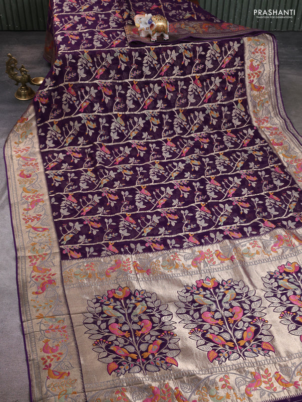 Art chiffon saree violet with allover birds weaves and zari woven border
