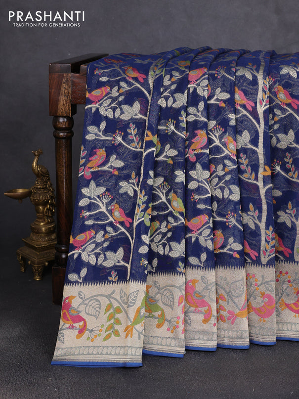 Art chiffon saree peacock blue with allover birds weaves and zari woven border