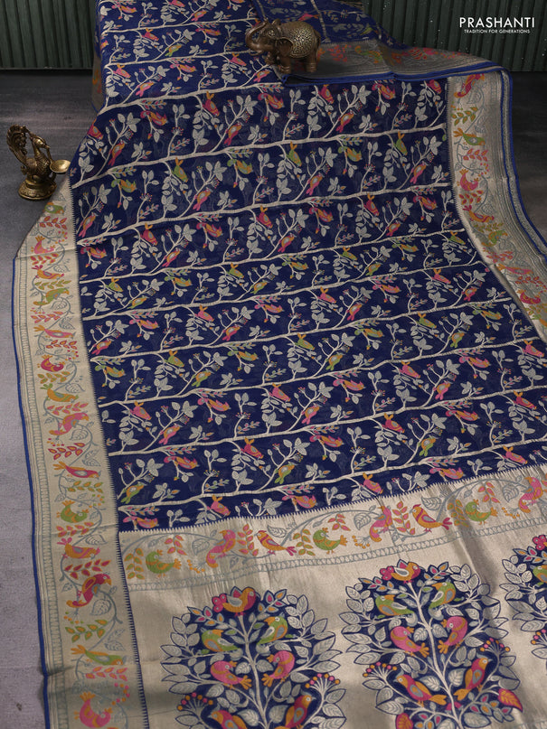 Art chiffon saree peacock blue with allover birds weaves and zari woven border