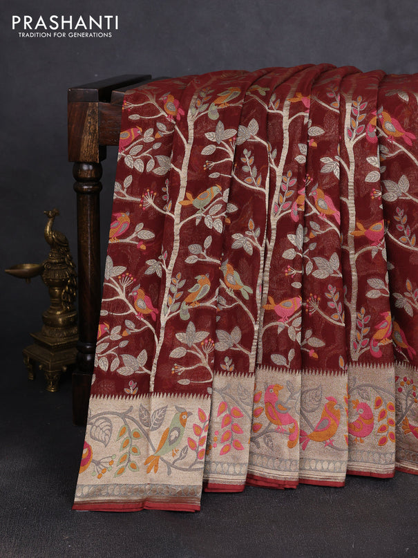 Art chiffon saree brown with allover birds weaves and zari woven border